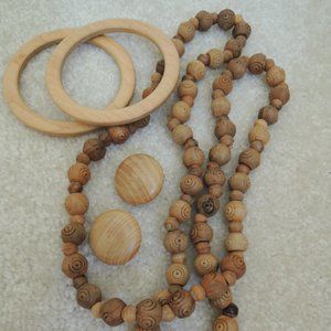Necklace + 2 Matching Bangles + Clip On Earrings Wood Costume Jewelry Vtg 60s